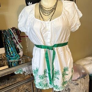 White and Green Embroidered Women's Top